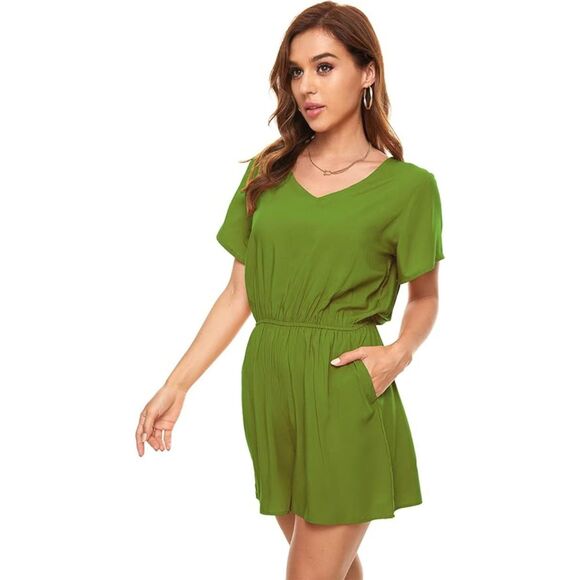 LAC RETTBA V-Neck Avocado Green Flutter Sleeve Romper With Pocket Sz 2XL - Picture 2 of 7